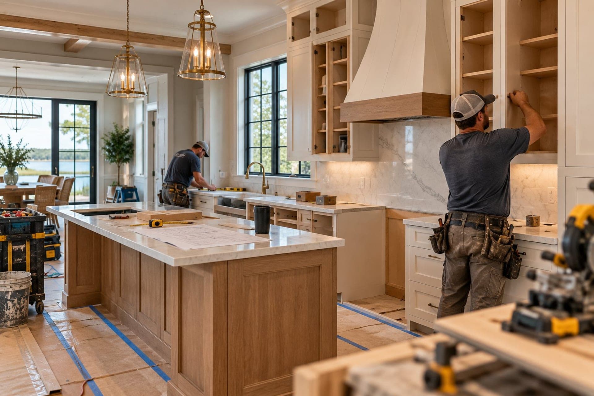 A new white-and-oak kitchen being installed, with a marsh view through the window