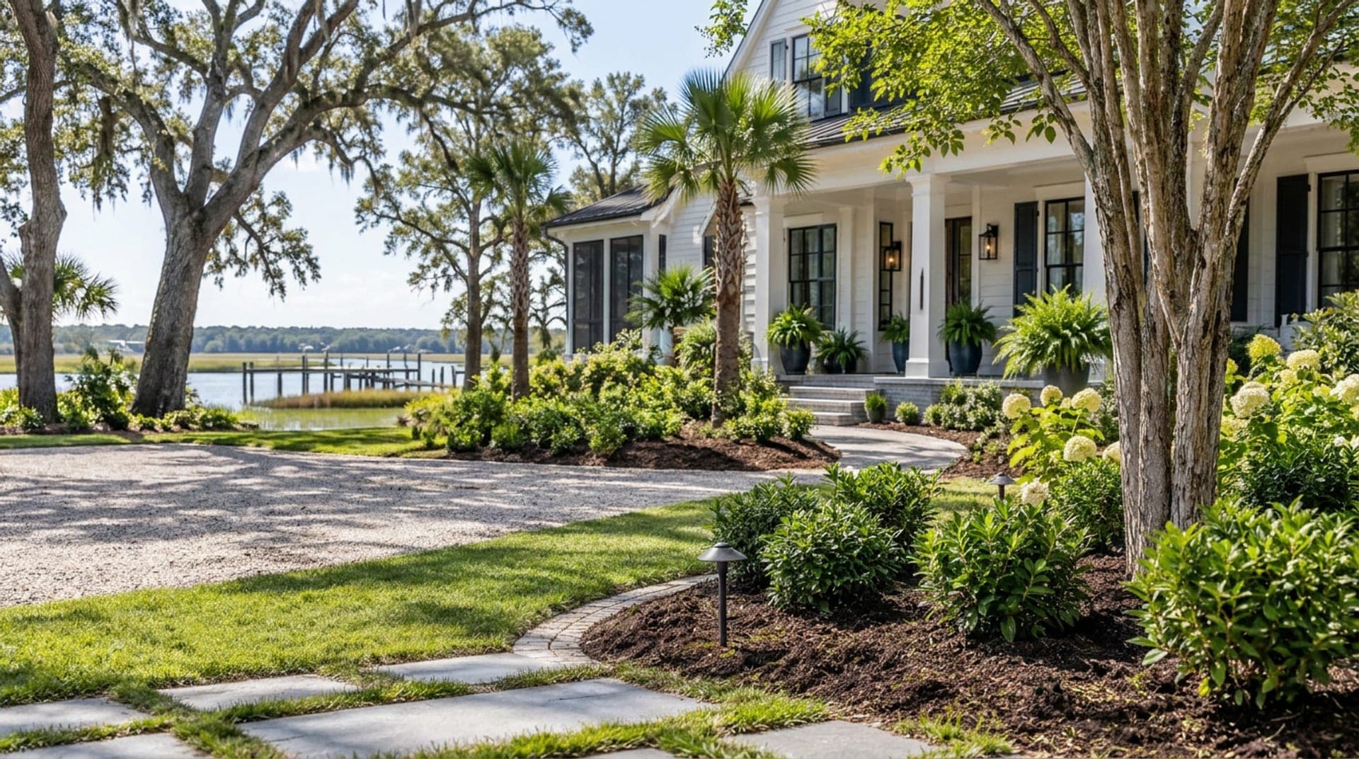 A white porch house with a dock and marsh behind it