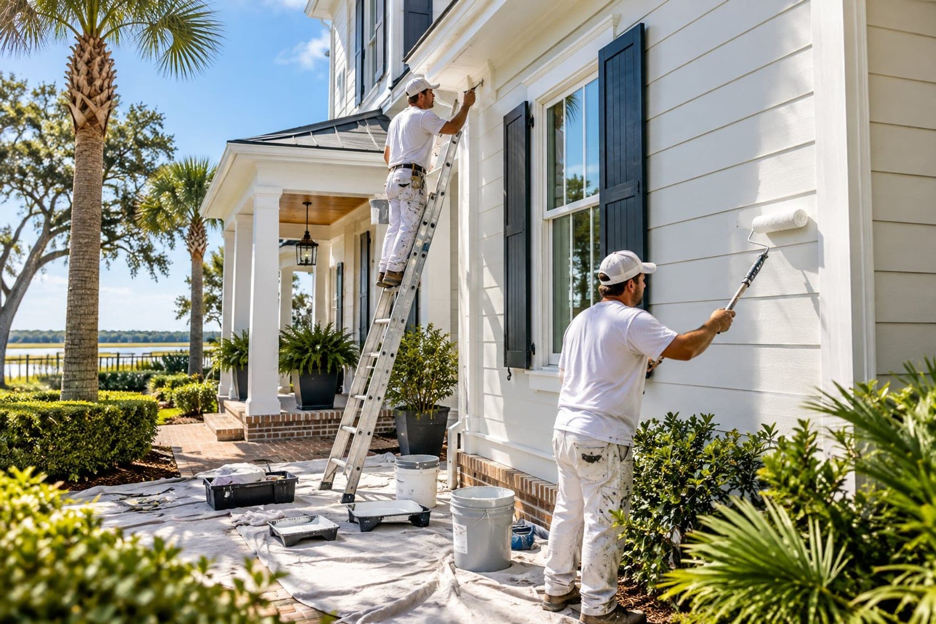 Painters freshening a white Lowcountry house with black shutters