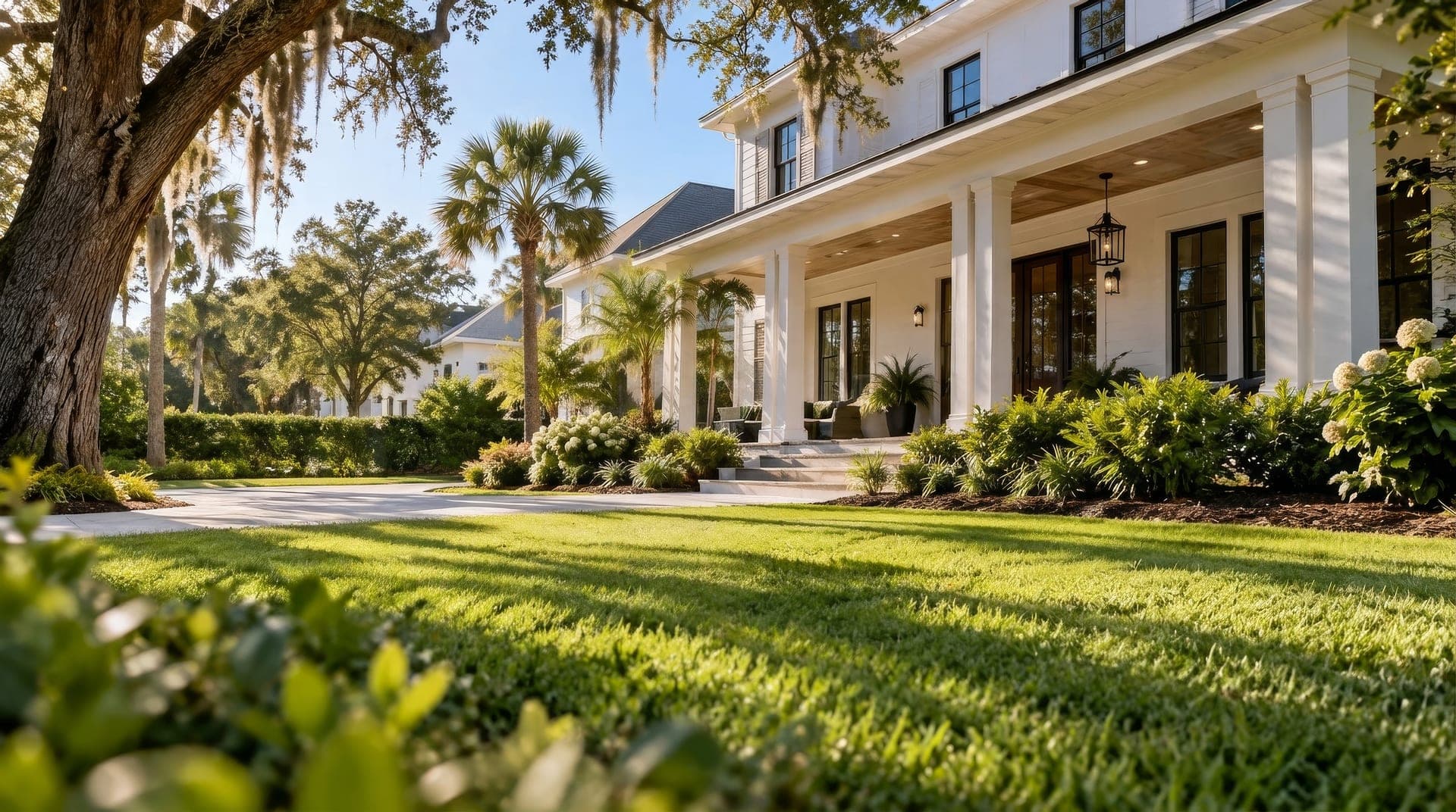 A white two-story Lowcountry house with a deep porch under a live oak